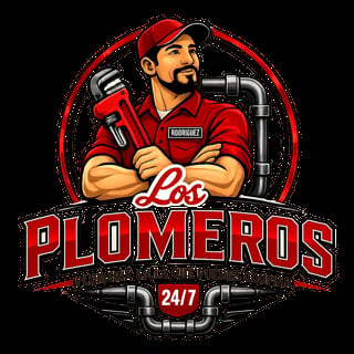 Los Plomeros 24/7 logo featuring a plumber in red uniform holding a wrench with pipes and text design